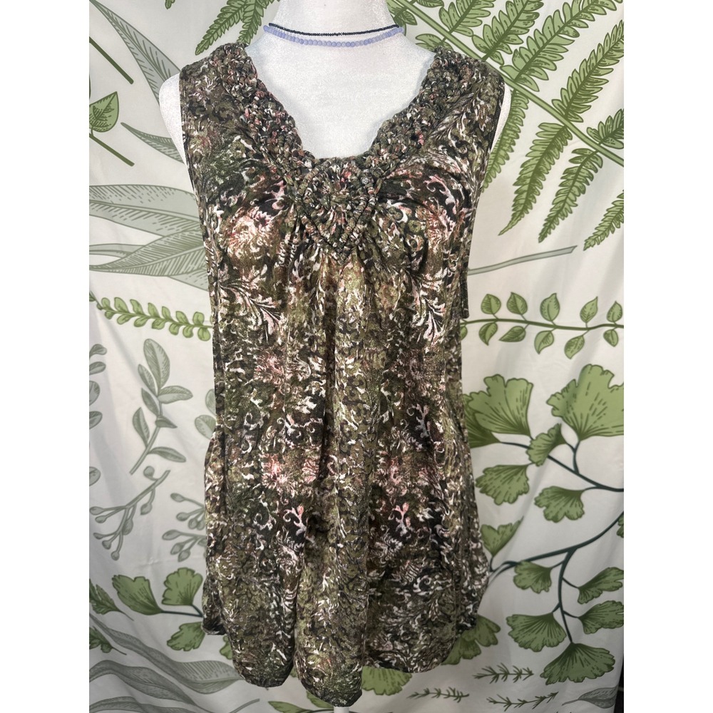 White Stag Womens M L 12-14 Green‎ Floral V Neck Sleeveless Tunic Top